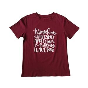 Maroon Red Short Sleeve Pumpkins and Hayrides Graphic Print Tee Women's Medium